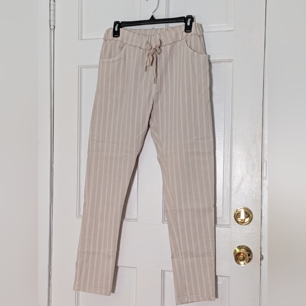 La Vie Rebecca Taylor Striped Drawstring Pants Neutral Stripe Relaxed Fit - Picture 2 of 4